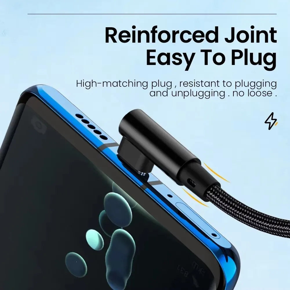 90 Degree Elbow Type C Fast Charging USB Cable For Xiaomi Redmi POCO Huawei Honor OPPO Realme Vivo OnePlus Nylon Braided Cables Qme