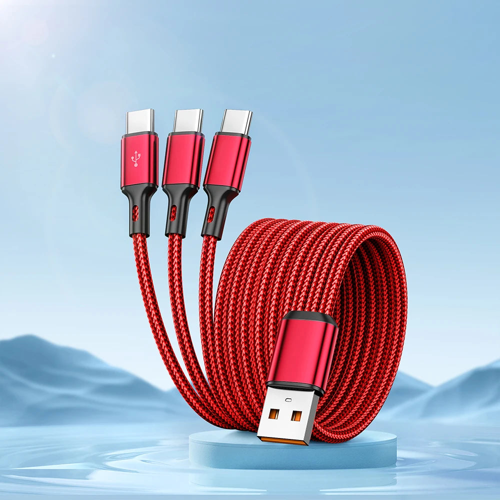 3 IN 1 USB Cable Cord USB To Type C Charger Cable Multi 6A Type C Ports Fast Charging Data Cord For iPhone Samsung Xiaomi Huawei Qme Red 0.2m