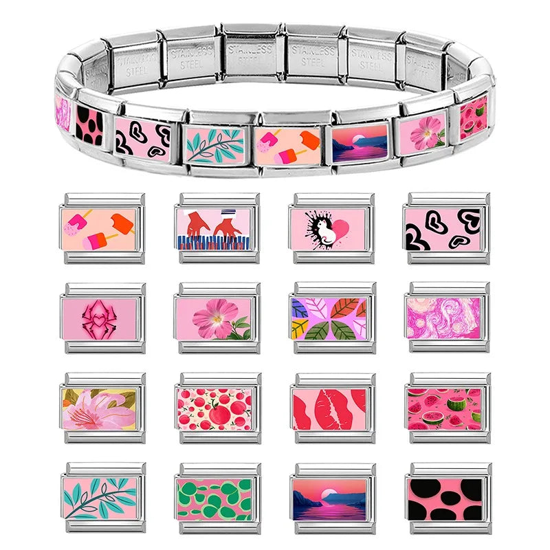 Fashion Pink Love Heart Leopard Print Butterfly Italian Charm Links Fit 9mm Stainless Steel Bracelet Jewelry DIY Making Beads Qme