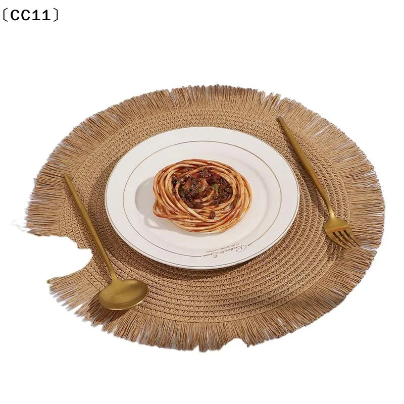 Woven Rattan Round Placemat Handmade Fringe Edge Heat Resistant Home Qme