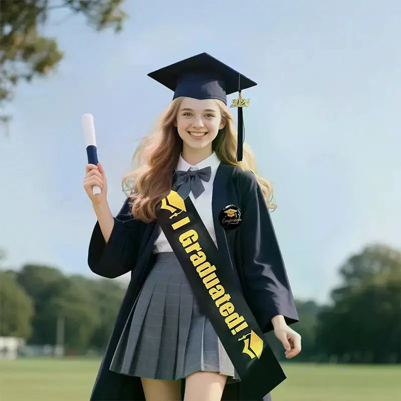 Class Of 2026 Black Golden Satin Sash Bachelor Cap With Tassel Graduation Shoulder Strap Congrats Grad Party Photo Props Qme
