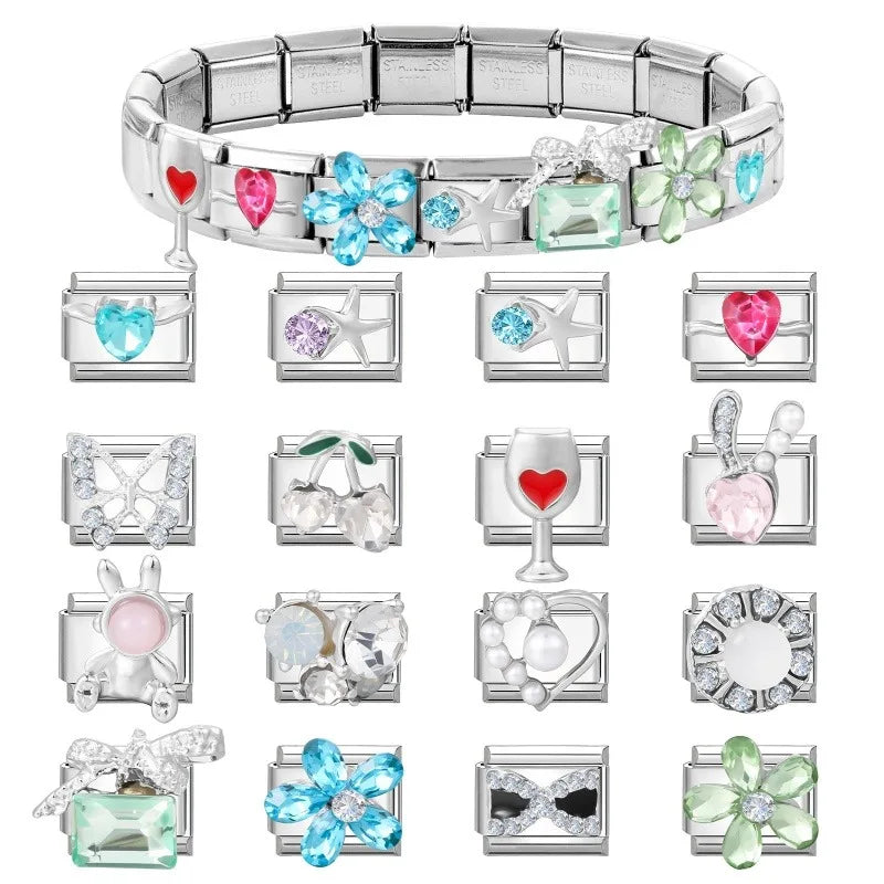 Zircon Bow Knot Blue Flowers Pink Heart Purple Butterfly Italian Charm Links Fit 9mm Bracelet Stainless Steel DIY Making Gifts Qme