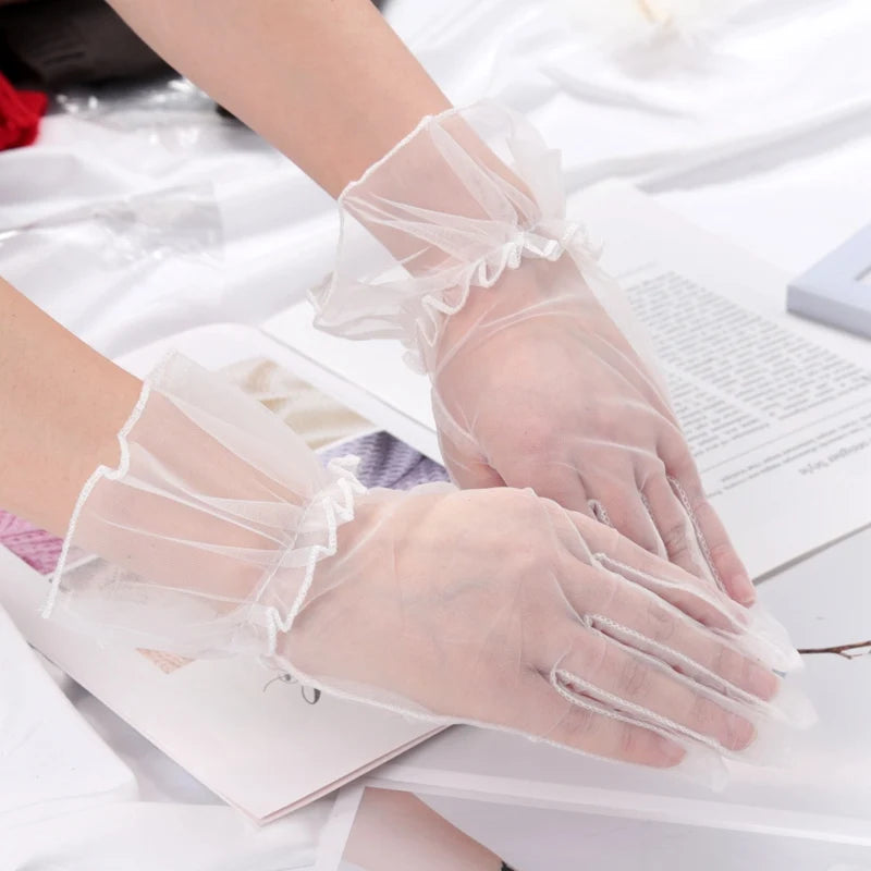 Sexy Transparent Lace Black White Gloves Solid Fashion Women Drive Qme