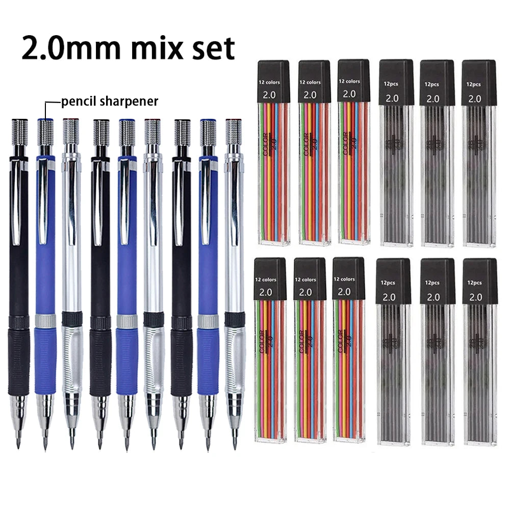 21 Pieces 2.0mm Mechanical Pencil Set, 9 Pcs Pencils 2.0mm Refills (Colored & Black), Suitable for Writing Drafts, Art Sketching Qme 21 Pcs Mix Set