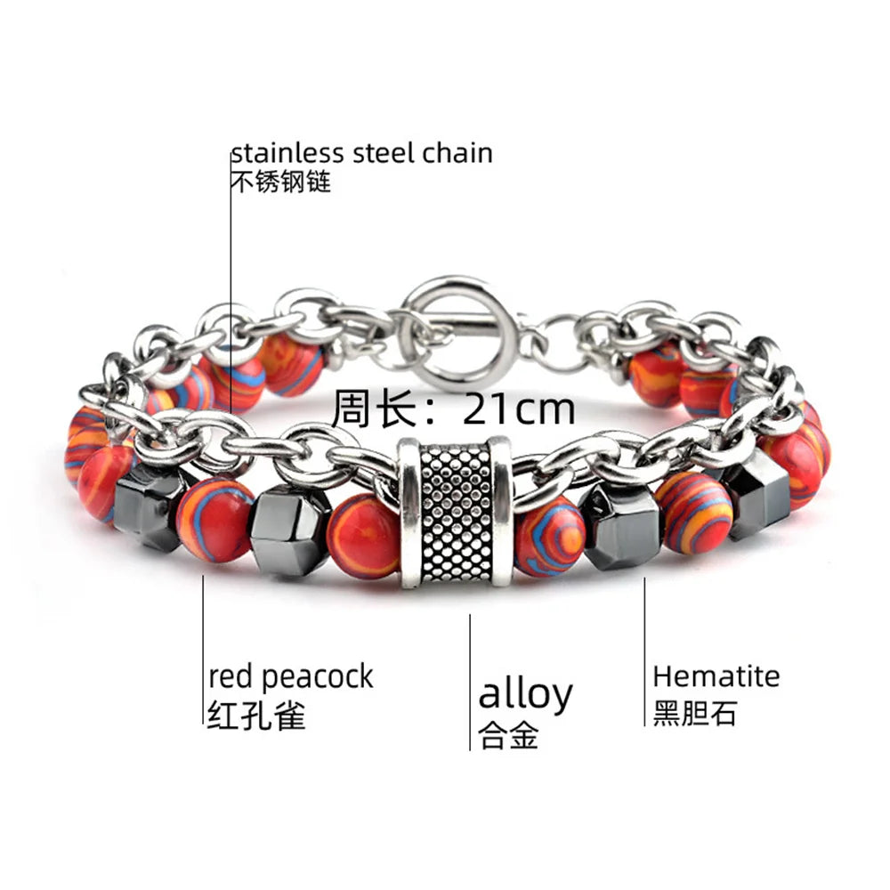 New Cool Fashion Peacock Stone Black Gallstone Metal Bead Bracelet Hip Hop Punk Daily Matching Jewelry Trend Accessories Qme hong 21cm