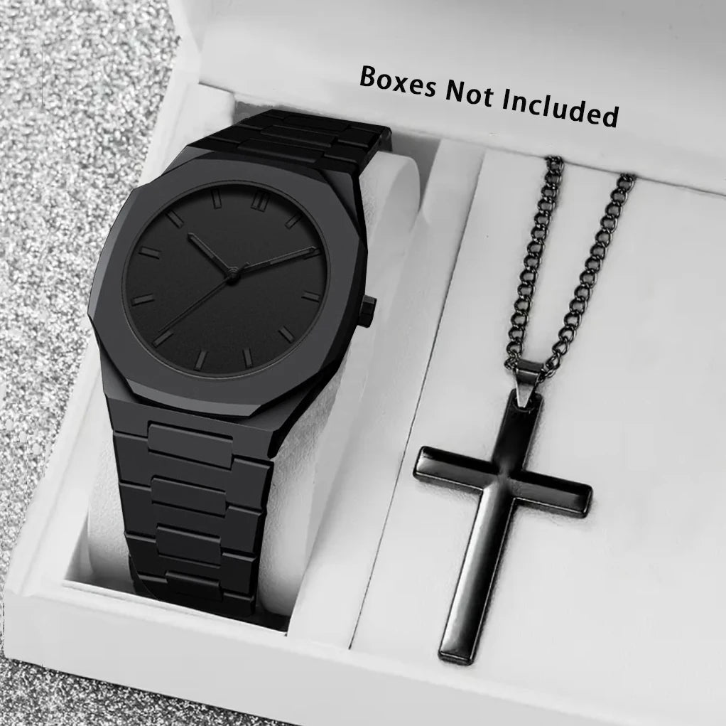 2PCS Men's Watch Sets Fashion Casual Sport Black Resin Quartz Watch Free Bracelet Qme black No