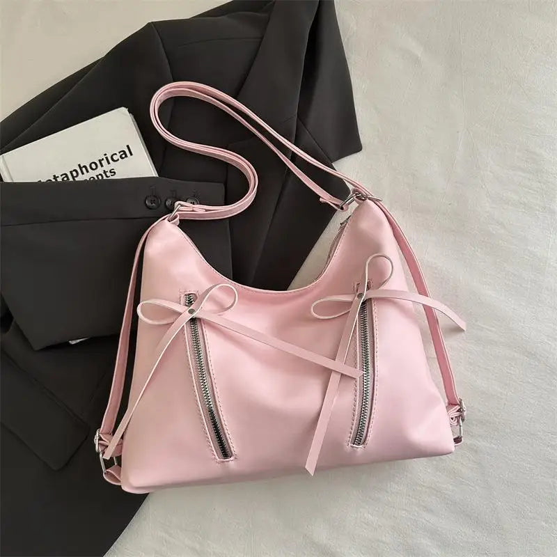Retro Large Capacity Soft Leather Tote Bag with Knot - Casual Double Shoulder Bag Trendy Sle Women Handbag for Work Qme Pink
