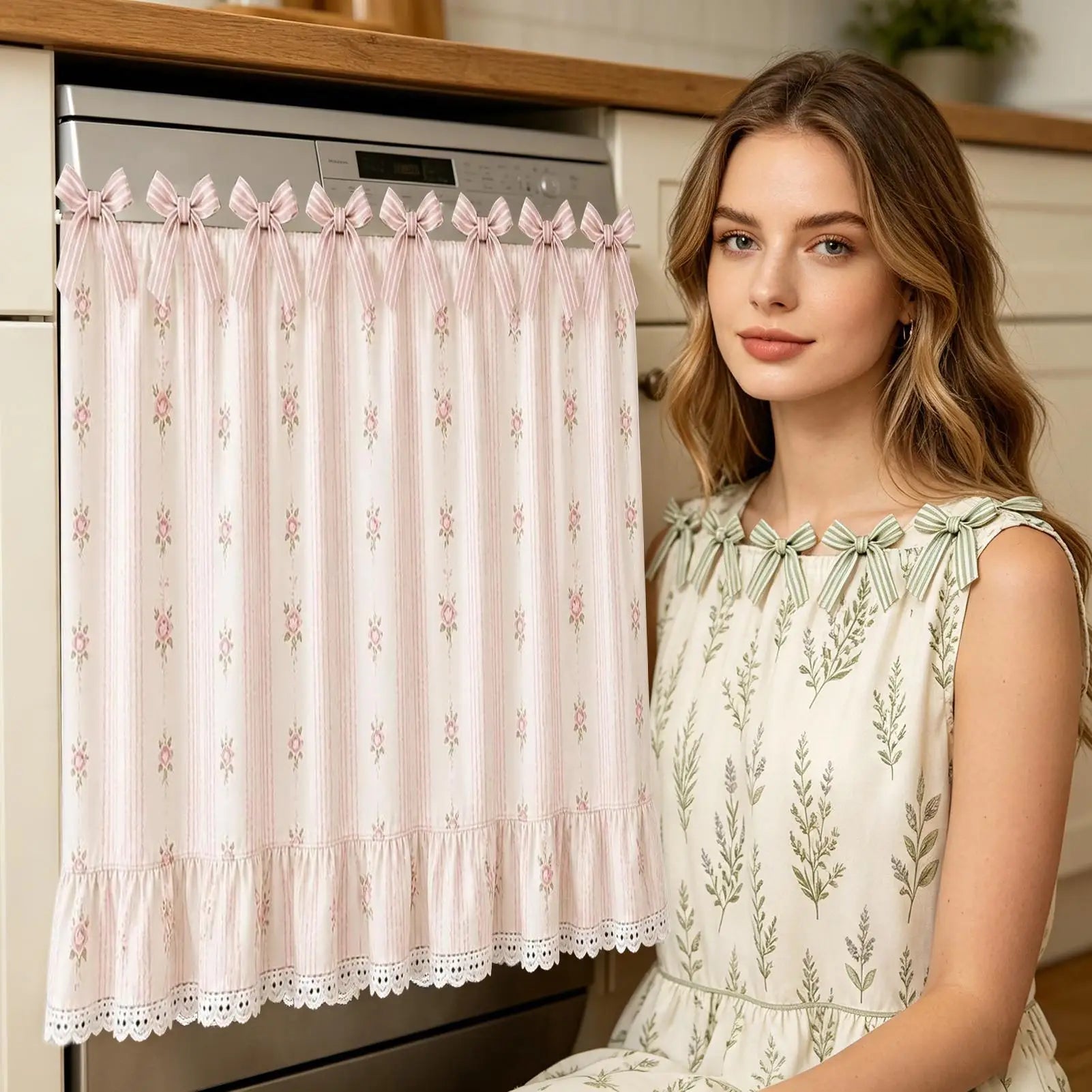 Farmhouse Oven Skirt Farmhouse Lace Ruffle Trim Stove Skirt Stove Curtains With Ties For Cottage Kitchen Cabinet Window Qme