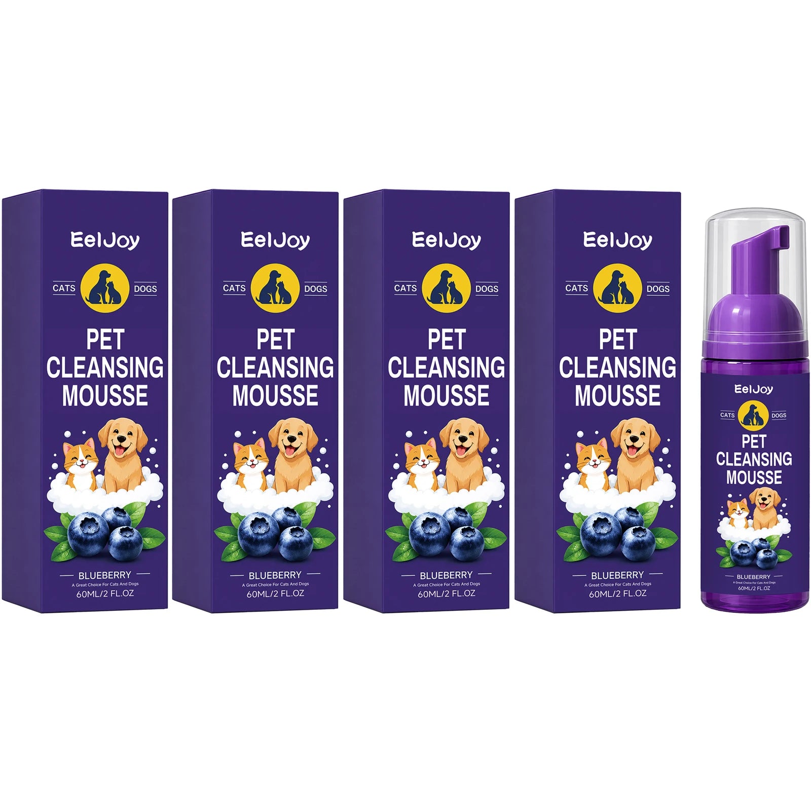 Pet Cleansing Mousse Gentle Removing Dirt Soothing Skin Reducing Odors Long Lasting Fragrance Waterless Dog & Cat Shampoo Foam Qme 4 x 60ML Boxed