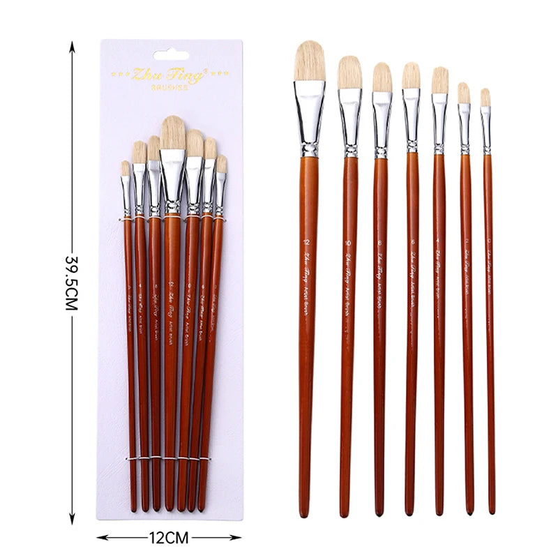 Professional Hog Bristle Filbert Oil Paint Brushes Long Wooden Handle Qme