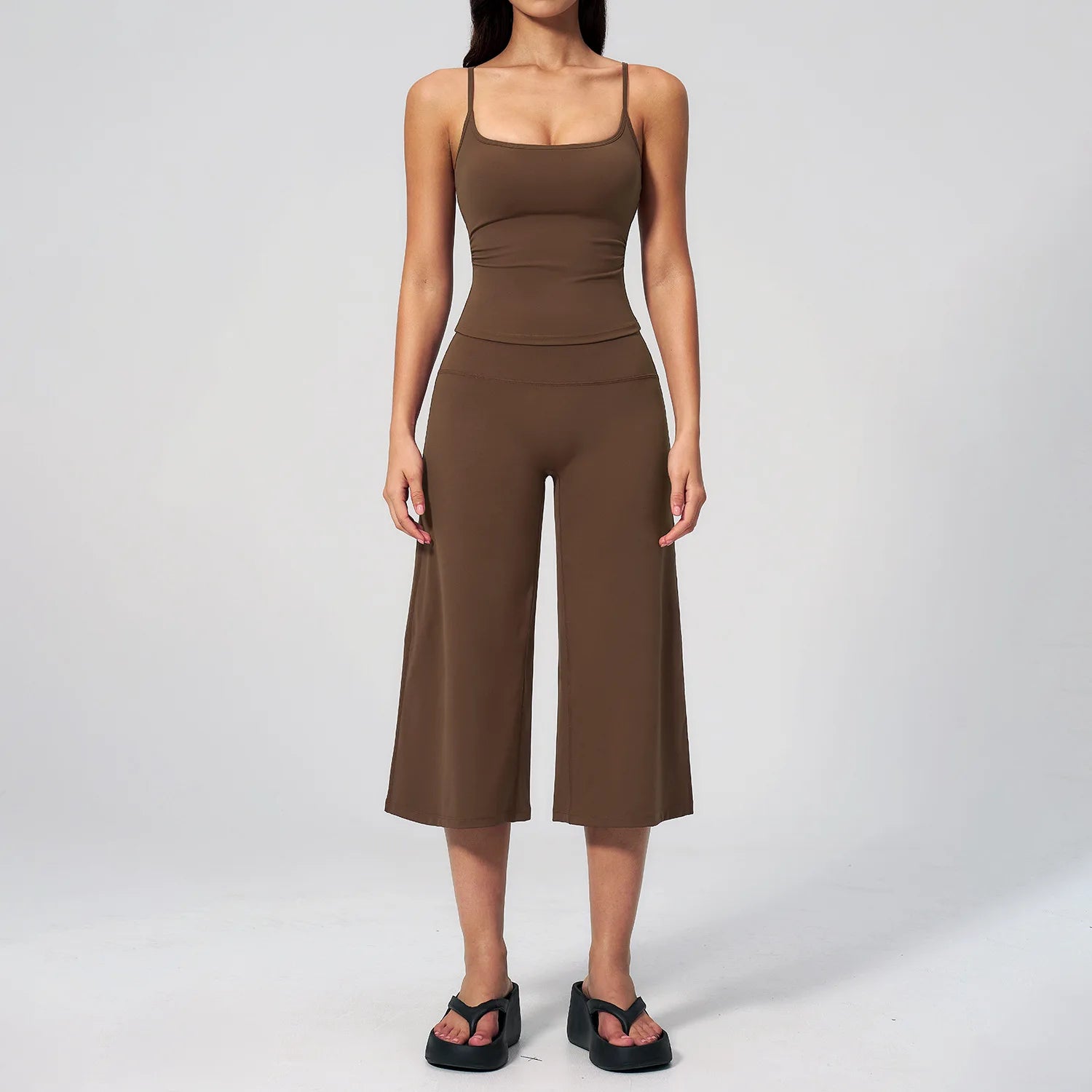 A Summer Yoga Set 2 Pieces Women Tracksuit Workout Clothes Sports Outfits High Waist Fitness Sports Suit Female Gym Clothes Qme Chocolate Brown S
