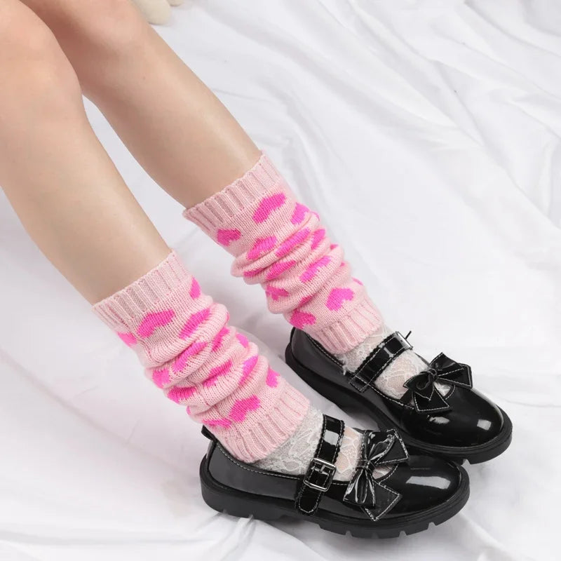 Y2K Woman Leg Warmers Japanese Lolita Autumn Winter Heart Black Knee Qme