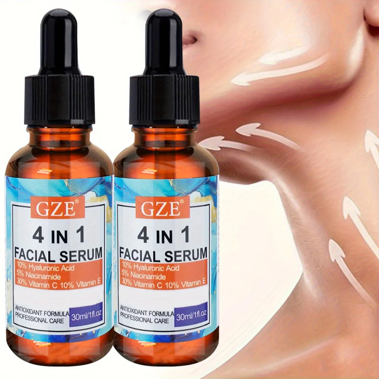 2pcs GZE 4-in-1 Face Serum with Hyaluronic Acid, Peptides, Vitamin C & E, Hydrates, Suitablefor All Skin Types Qme