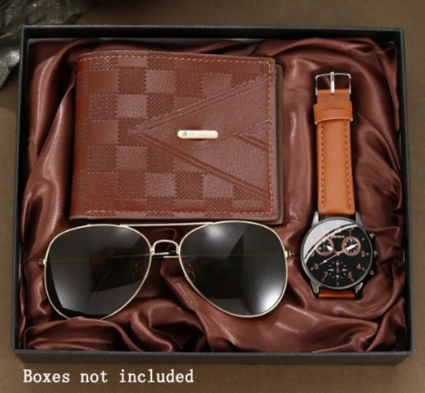 Cross border 2025 hot selling GENEVA fake three eye personalized belt watch wallet sunglasses 3pcs gift box set Qme Boxes not included