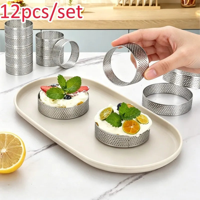 12pcs Stainless Steel Mousse Cake Mold Round Tart Ring French Flan Ring Baking Mold Biscuits and Pastries Mold Baking Tools Qme