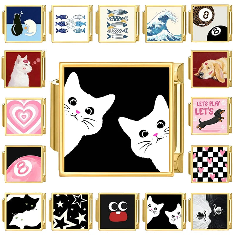 Black Golden Series Cute Cats Dogs Swan Heart Stars Italian Charm Link Fit 9mm Stainless Steel Bracelet DIY Making Jewelry Gifts Qme