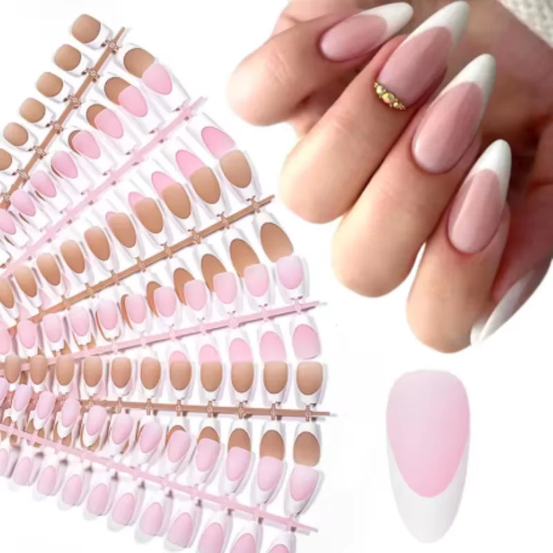 150pcs French White Edge Wearing Nail Pink Fake Nail Piece Full Sticker Matte Manicure Ultra thin White Qme