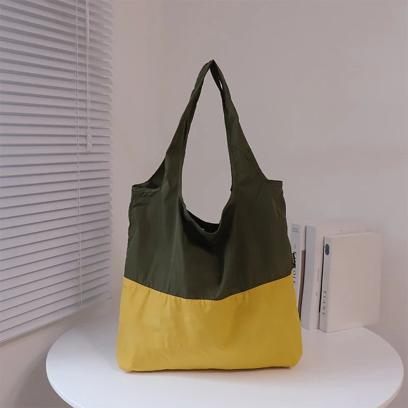 Color-block Patchwork Foldable Shopping Bag Eco-friendly Large Capacity Portable Waterproof Shoulder Bag Qme Army green one size