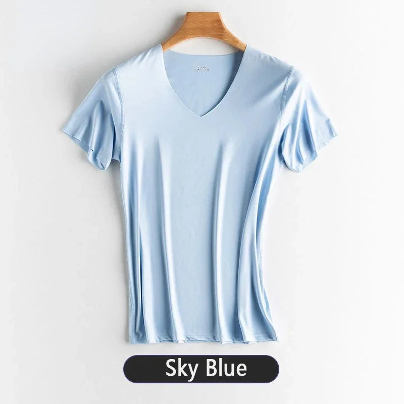 Men's Ice Silk Thin Cool Feeling V-Neck Large Size Men T-Shirt Short Sleeve Loose T-Shirt Solid Color for Male Tops Tees Qme Be XL