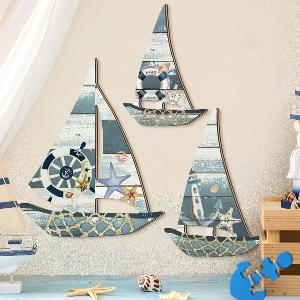 1 set of 2D retro lifebuoy pattern sailboat wooden wall decoration, Mediterranean ocean style farmhouse wall decoration Qme Default Title