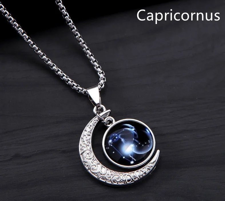12 Constellation Luminous Necklace Zodiac Signs Jewelry Crescent Moon Pendant Glow In The Dark Necklace Birthday Gifts Unisex Qme Capricornus