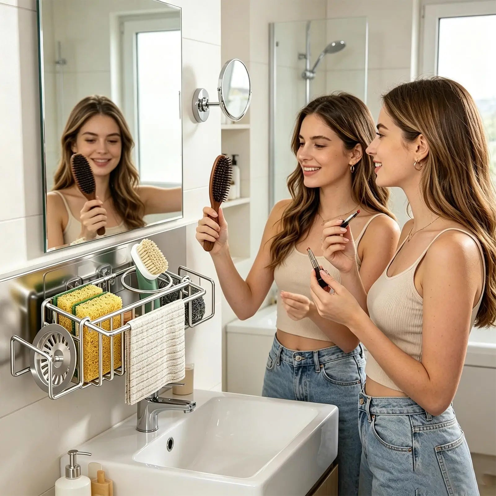 Sink Sponge Holder Wall Mounted Stainless Steel No-drill Rack Brush Qme