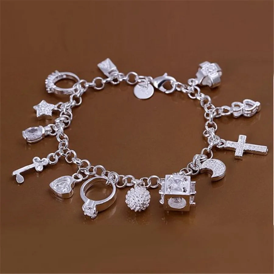 925 Sterling Silver Bracelets for Woman Men Crystal Heart Star Cross Wedding Party Christmas Gift Fashion Jewelry Qme 20cm 8inches