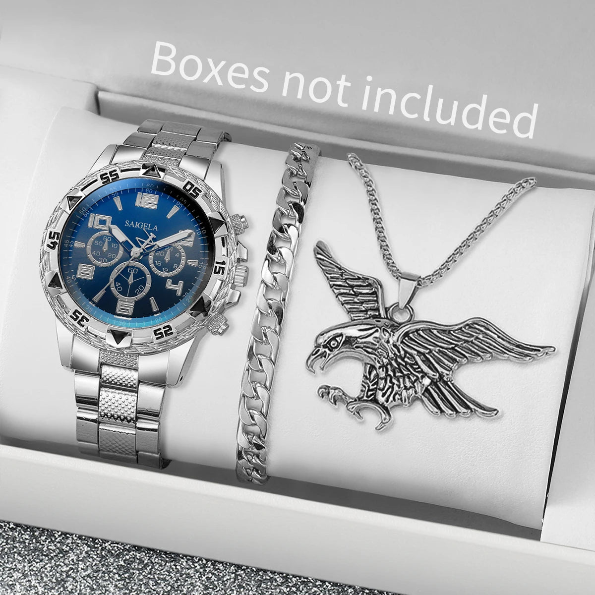 3PCS Blue light glass men's business watch, steel strap quartz watch, digital three eye watch+eagle jewelry Qme Silver Black No Box