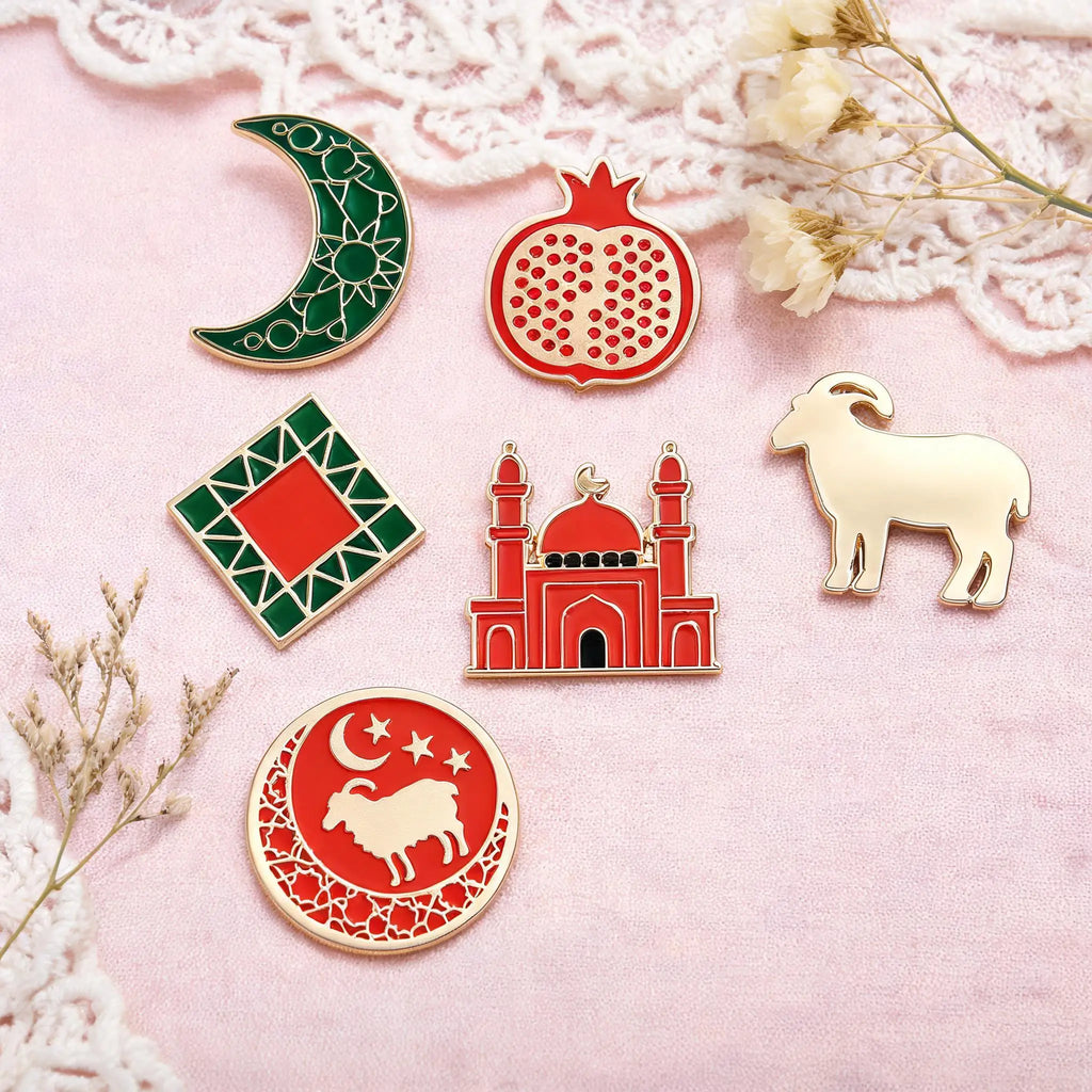 Arabic Muslim Eid Decor Brooch Metal Enamel Lapel Pin Moon Sheep Mosque Pomegranate Pattern Ramadan Festival Gift Badge Qme