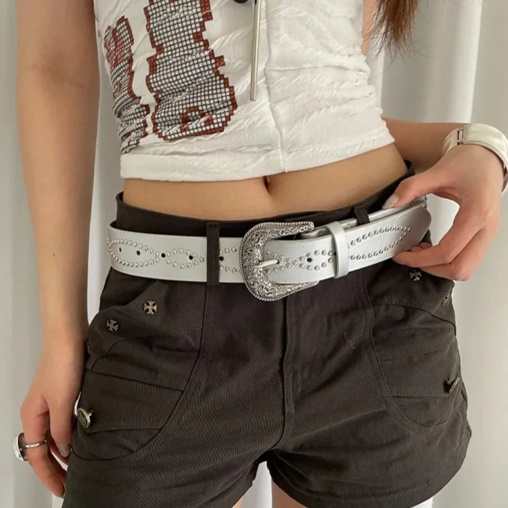 Fashion Rhinestone Women's Belt PU Leather Ethnic Style Rivet Waist Belt Punk Gothic Dress Jeans Belt Daily Qme Silver