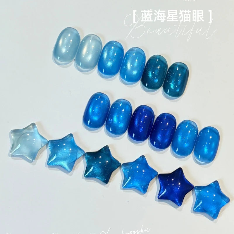 Ocean Blue Cat Eye Gel Polish, High Density Sparkle Glass Bead Magnetic Nail Art, Summer Nail Soak Off UV LED Polish Manicure Qme