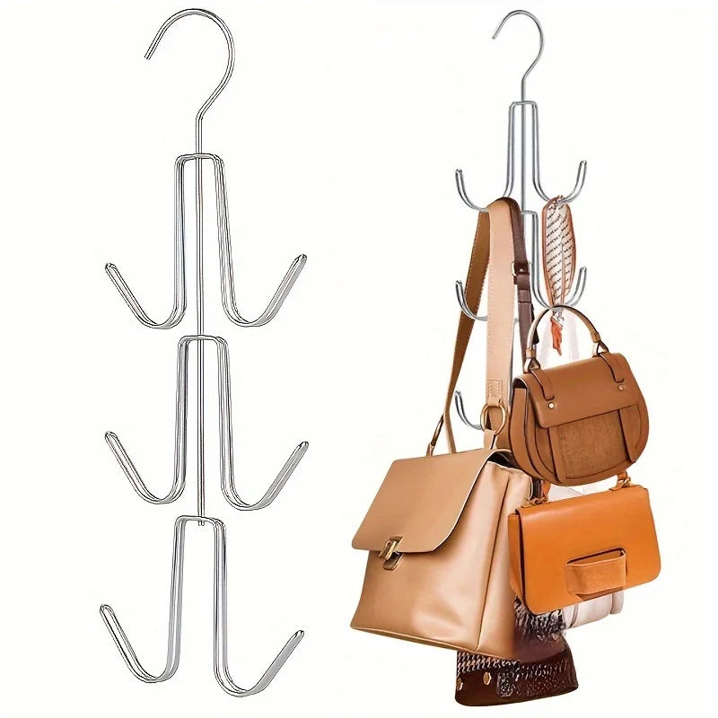 Foldable metal handbag hanger, 360-degree rotating space-saving storage device, suitable for storing items such as handbags Qme Silver 1bag