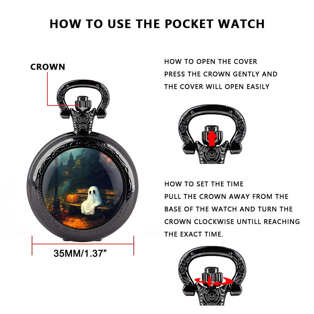 Halloween Cosplay Ghost Glass Dome Quartz Pocket Watch With Durable Chain Arabic Numeral Dial Creative Gifts for Men Women Qme