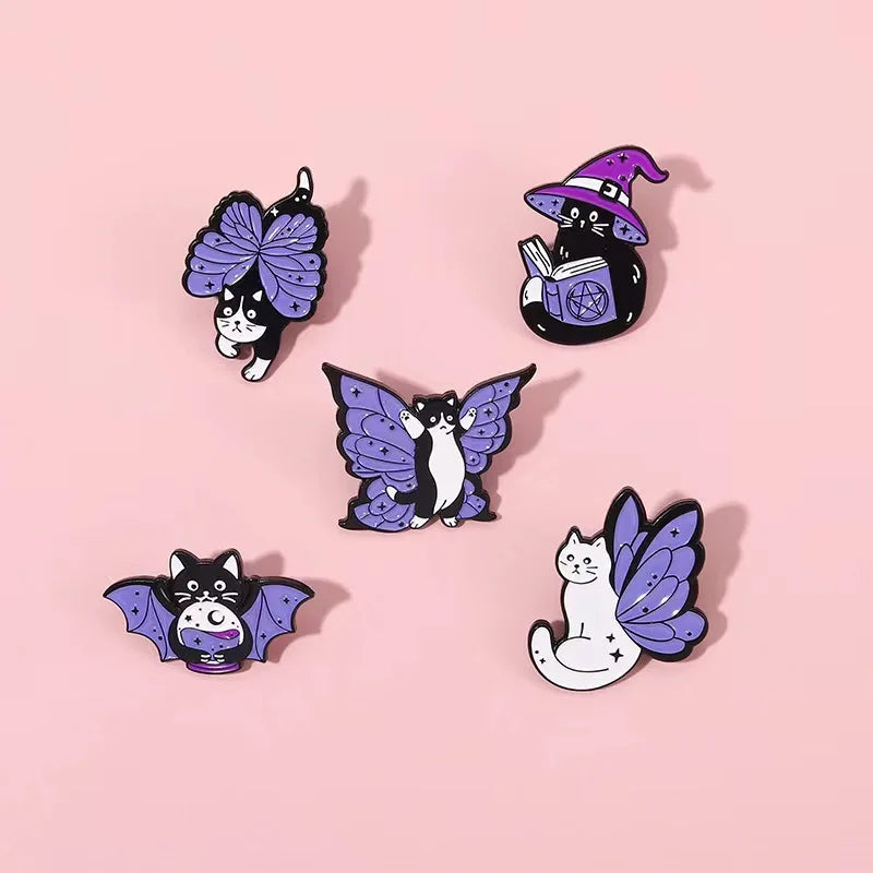 Witch Enamel Pin Punk Black White Cat Brooch Magic Hat Badge Book Wings Lapel Animal Goth Purple Crystal Jewelry Gifts Wholesale Qme
