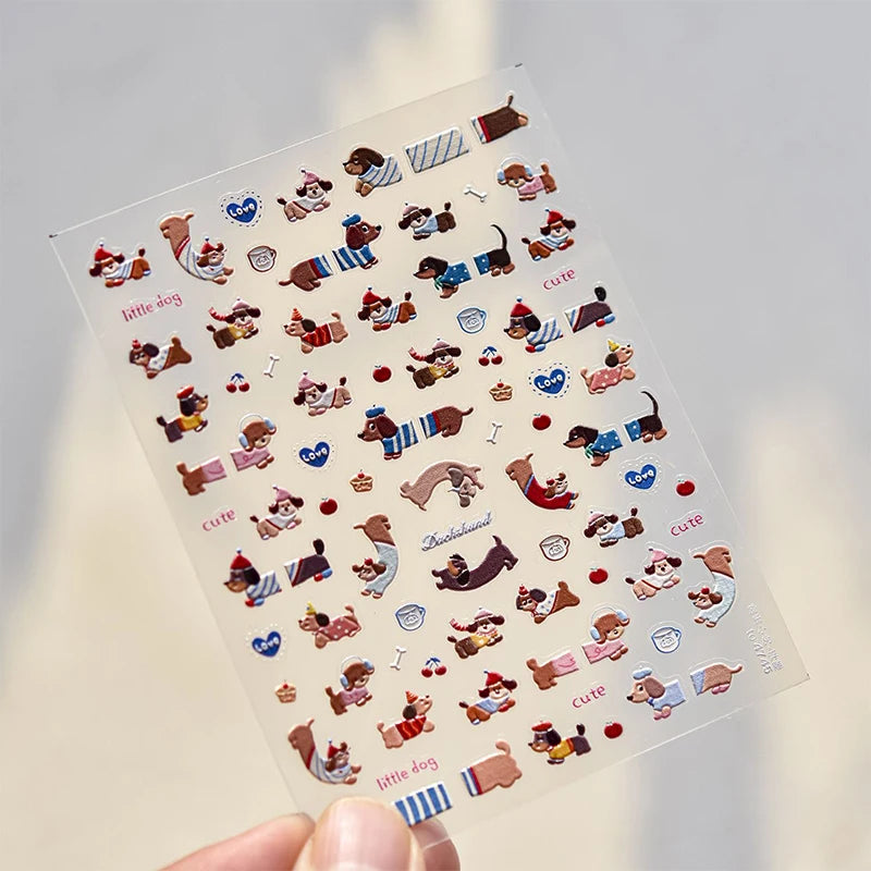 Lovely Sausage Dog Nail Art Stickers Gifts Self Adhesive Cartoon Qme