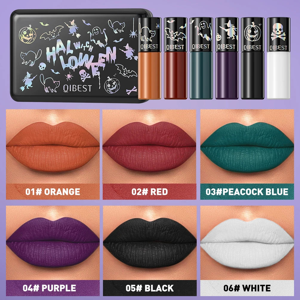 QIBEST 6Pcs/Set Waterproof Liquid Lipstick Sexy Halloween Lip Stick Matte Velvet Black Lipsticks Red Orange Lip Makeup Labiales Qme