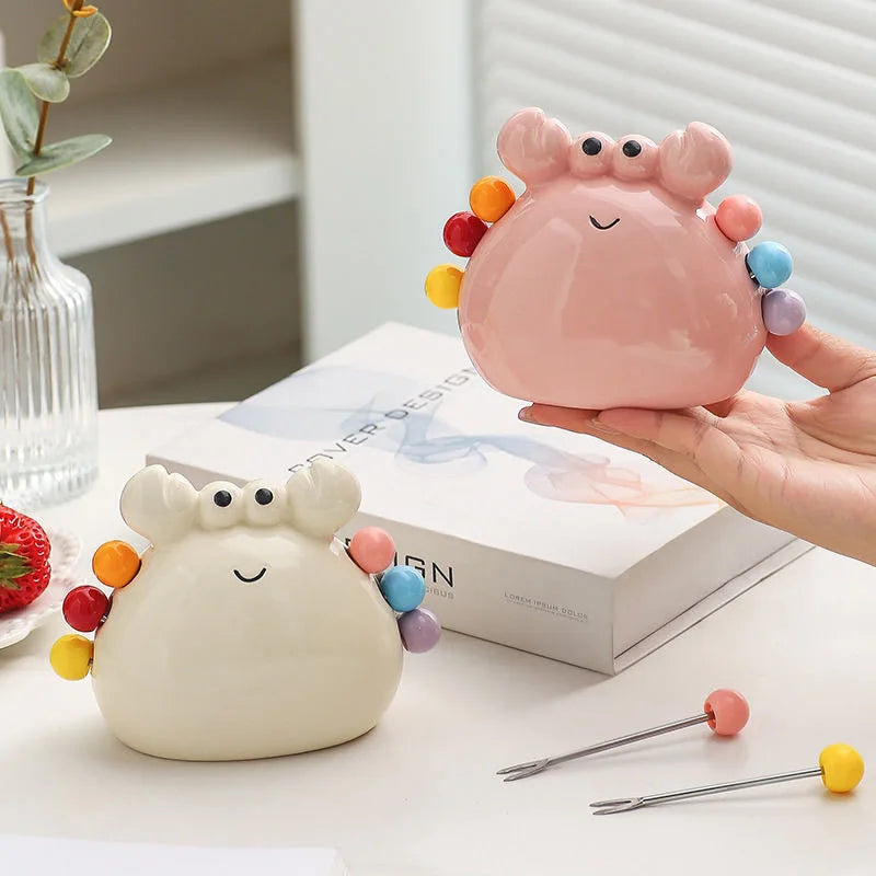 Cute Crab Shape Stainless Steel Fruit Fork Ceramic Storage Jar Safe Qme