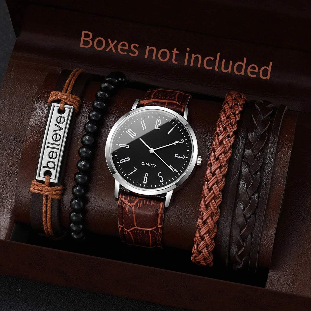 4/5PCS Fashion Men's Watches Bracelets Set Casual Arabic Dial Leather Strap Quartz Wristwatch Reloj Hombre（Without Box） Qme Brown D Without Box