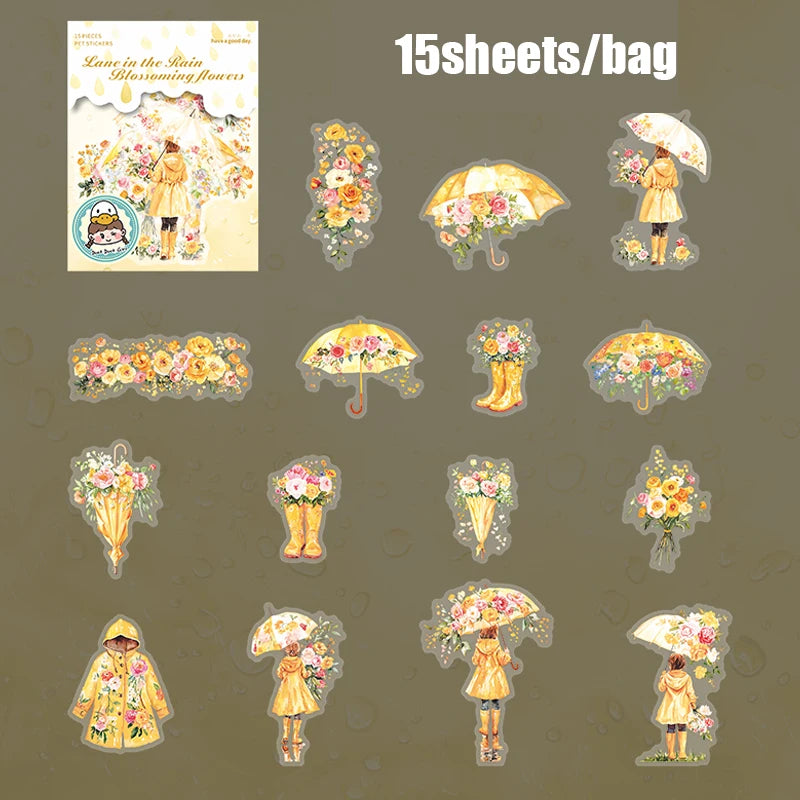 15 Sheets/bag Umbrella Floral PET Stickers for Scrapbooking DIY Journal Planner Collage Art Phone Case Notebook Decoration Qme 2