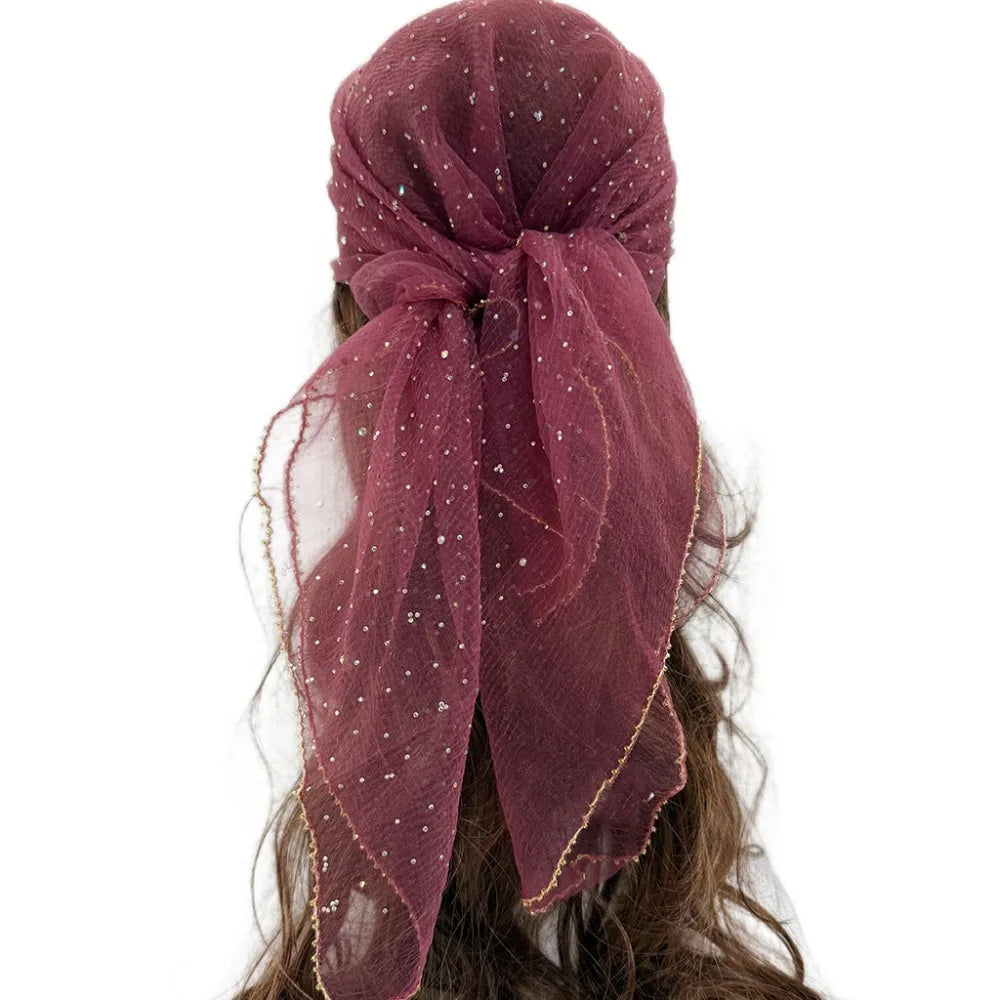 Sparkle Hotfix Rhinestone Square Scarf Sequin Thin Mesh Bandana Qme Rose Red