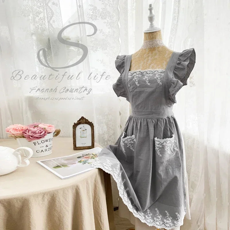 Female Women Apron Cotton Linen Aprons Dress Garden Cafe Kitchen Cooking Florist Palace Style Vintage Fashion Dress Aproning Qme Grey