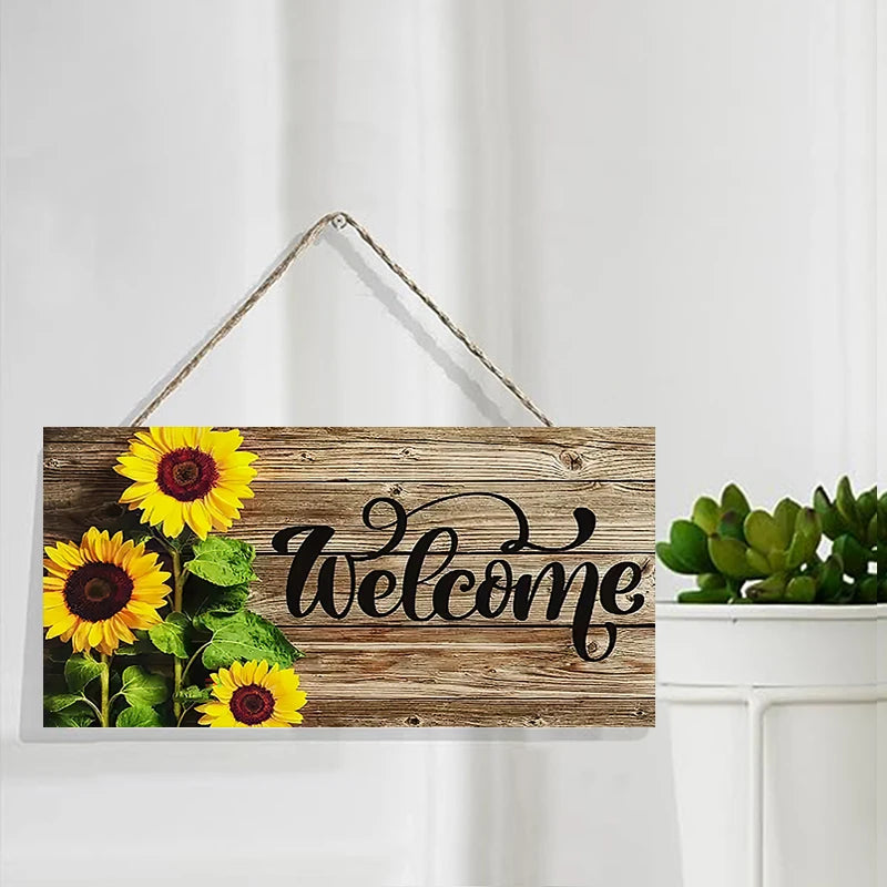Rustic Sunflower Welcome Wall Hanging Decor Wood Art Plaques Sign Door Sign for Home Living Room Kitchen Decor Qme