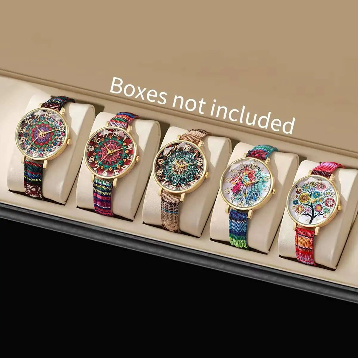 2/3/5PCS Fashion Women Watches Vintage Flowers Printed PU Strap Quartz Watch Reloj Mujer（Without Box） Qme 5PCS Without Box