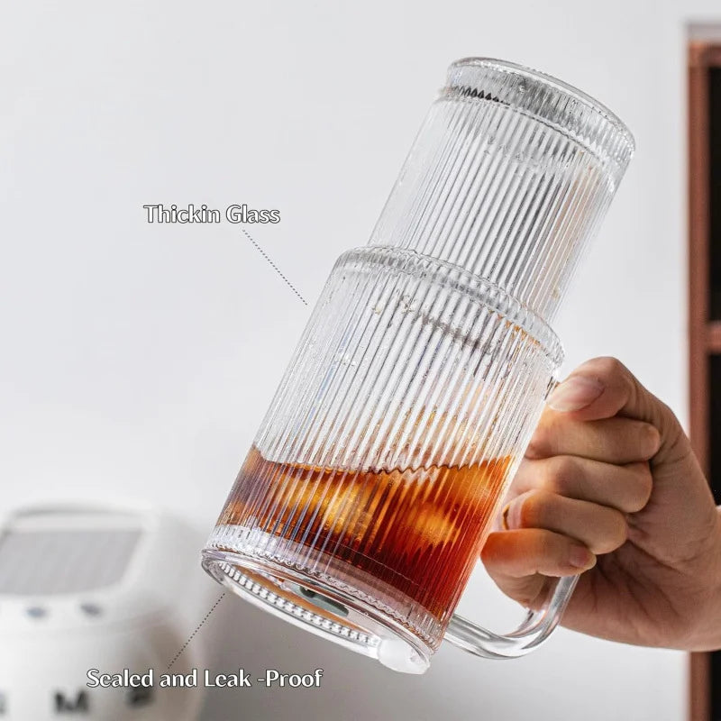 600ML Stripe Glass Coffee Cup With Handle And Lid Cover Straw Transparent Drinking Glasses For Juice Iced Coffee Mugs Drinkware Qme