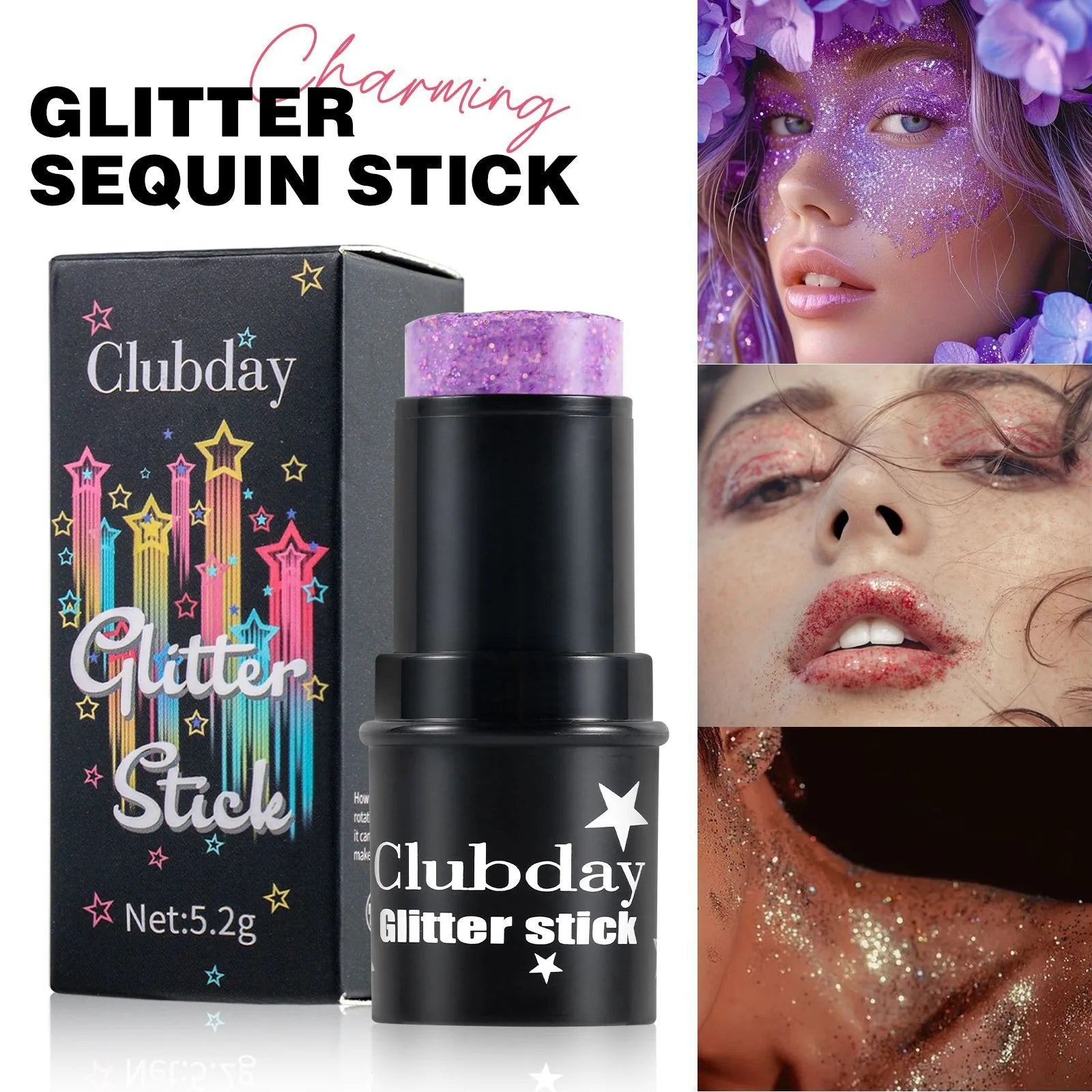Purple Glitter Sequin Stick Multifunctional Face Lip Hair Body Sequins Eyeshadow Gel Music Festival Stage Makeup Decoration Tool Qme