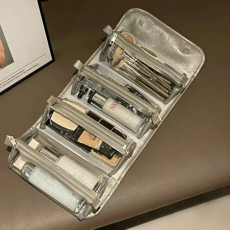 4-in-1 Detachable Leather Cosmetic Bag Waterproof Clear Compartments Qme silvery