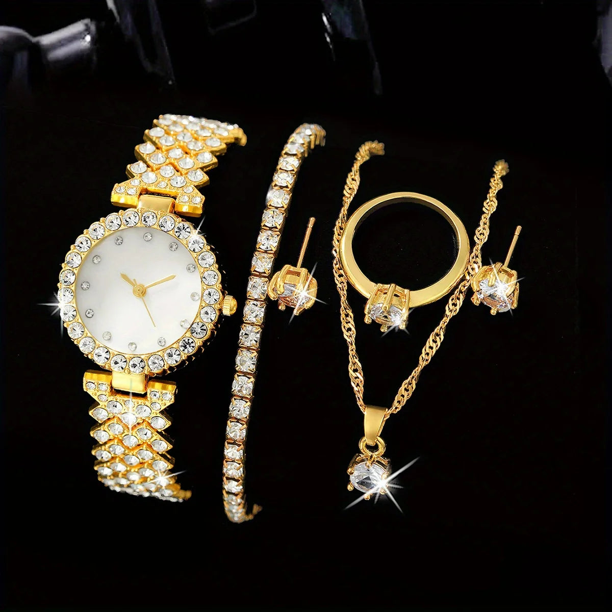1pc Rhinestone Decor Quartz Watch Casual Round Pointer Analog Wristwatch & 5pcs Jewelry Set, Gift For Mom/Girlfriend Qme