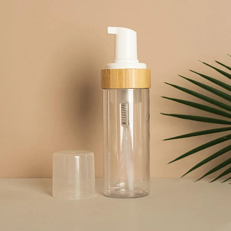 Travel Bamboo Foam Pump Bottle Empty Face Cleaner Cosmetic Shampoo Qme
