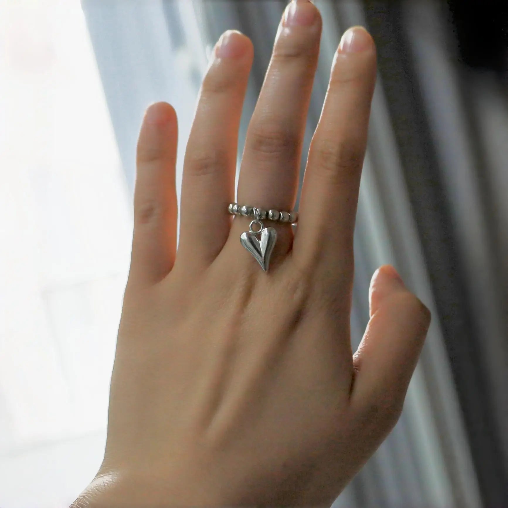 Creative Multiple Options Retro Handmade Simple Beaded Cord Love Heart Pendant Rings Women Girl Silver Color Bead Ring Jewelry Qme 112 yuan bai Size 7