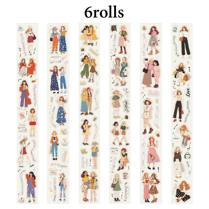 6 Rolls Girl Character Washi Tape, Soft & Healing Decor for Journals, Gift Wrapping & Versatile Scene Crafting Qme 6 Rolls